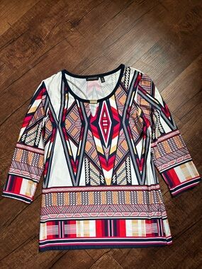 Notations Multicolor Geometric Scoop Neck Top with Navy Trim